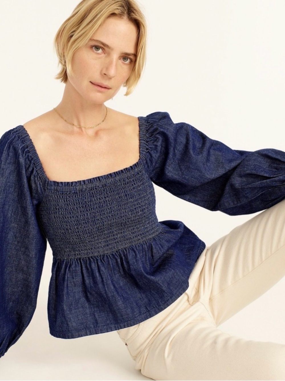 NWOT J.Crew Denim Smocked Square-Neck Peplum Top